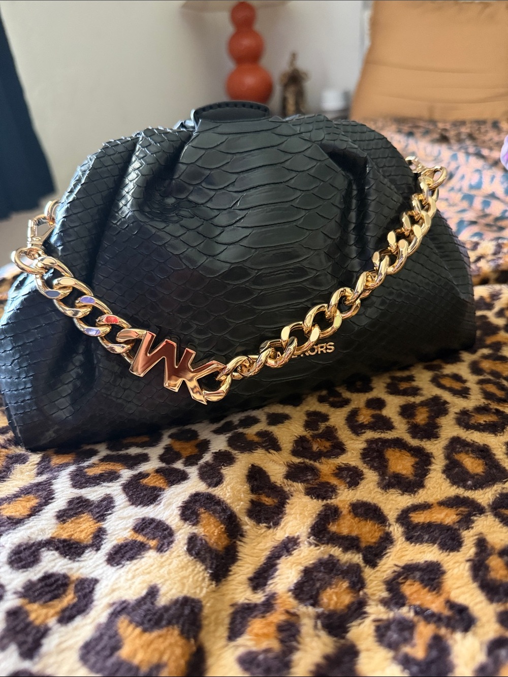Michael Kors Black Python-Embossed Shoulder Bag with Gold Chain